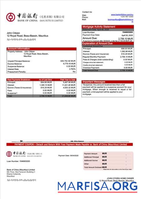 Blank Mauritius Bank of China (Mauritius) Limited mortgage statement Word and PDF template